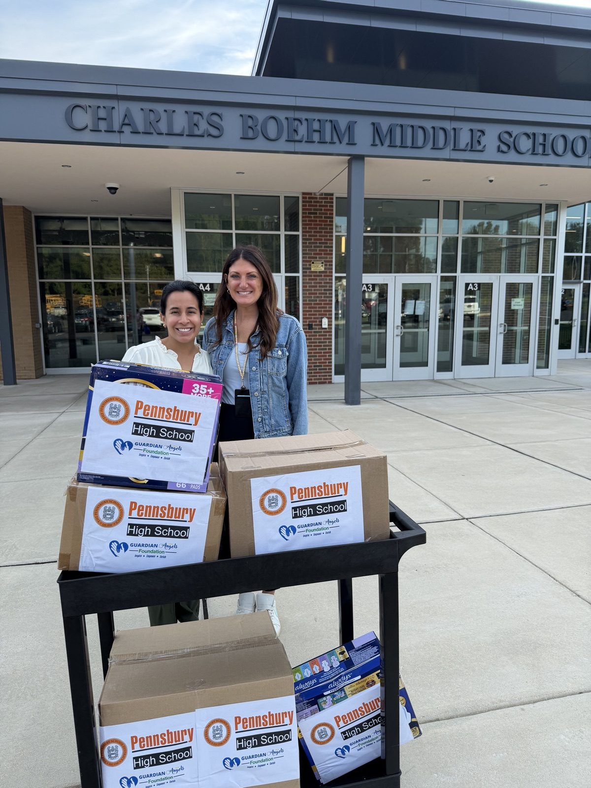 Boxes of hygiene products at Charles Boehm Middle School